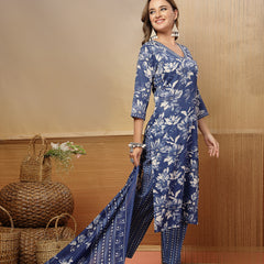 Stylum Women's Blue Floral Printed Cotton Blend Straight Kurta Pant Dupatta Set (KPDBLUEPHUGLI)