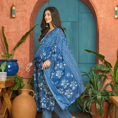 Stylum Women's Blue Floral Printed Cotton Blend Straight Kurta Pant Dupatta Set (KPDBLUEPHUGLI)