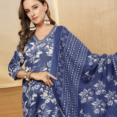 Stylum Women's Blue Floral Printed Cotton Blend Straight Kurta Pant Dupatta Set (KPDBLUEPHUGLI)