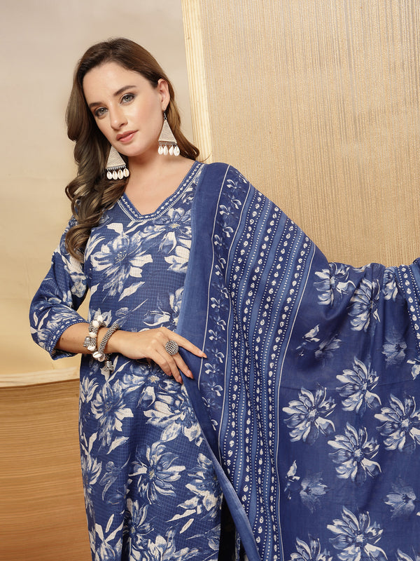 Stylum Women's Blue Floral Printed Cotton Blend Straight Kurta Pant Dupatta Set (KPDBLUEPHUGLI)