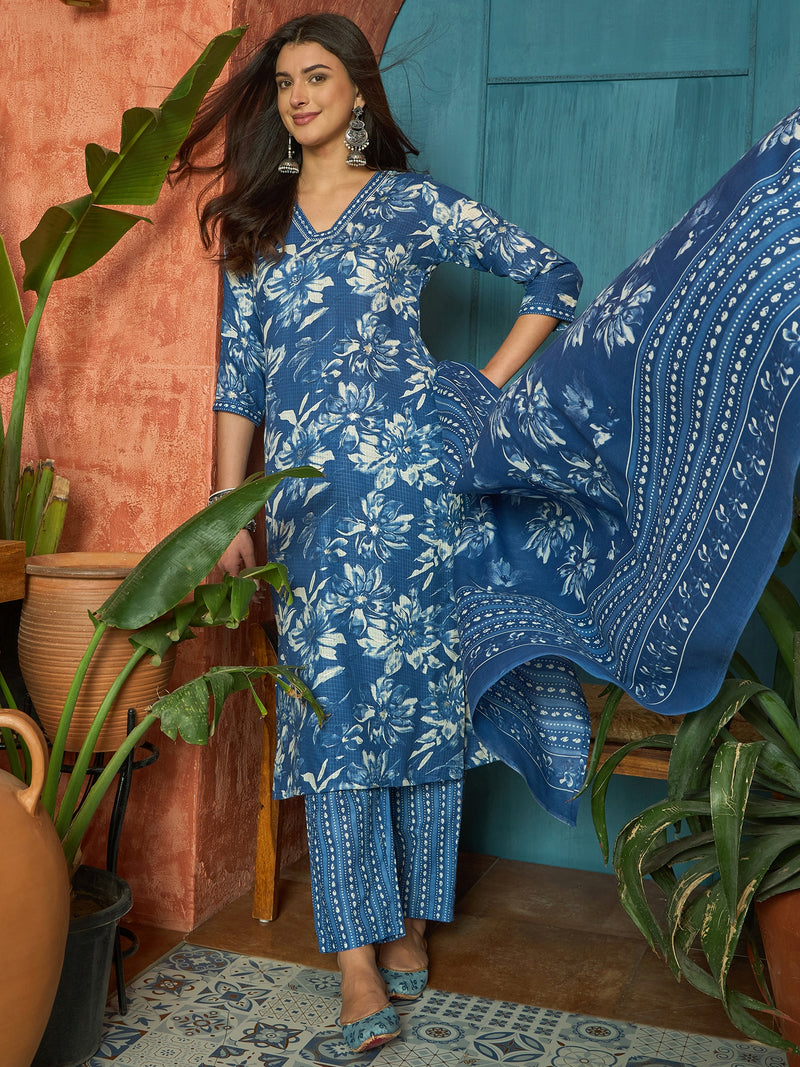 Stylum Women's Blue Floral Printed Cotton Blend Straight Kurta Pant Dupatta Set (KPDBLUEPHUGLI)