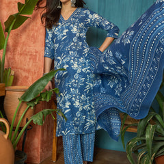 Stylum Women's Blue Floral Printed Cotton Blend Straight Kurta Pant Dupatta Set (KPDBLUEPHUGLI)