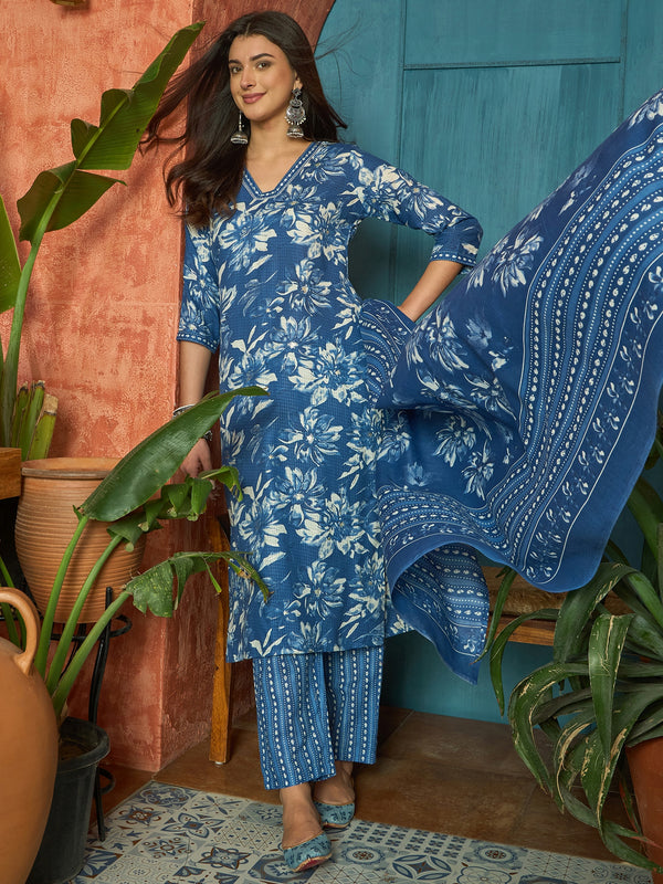 Stylum Women's Blue Floral Printed Cotton Blend Straight Kurta Pant Dupatta Set (KPDBLUEPHUGLI)