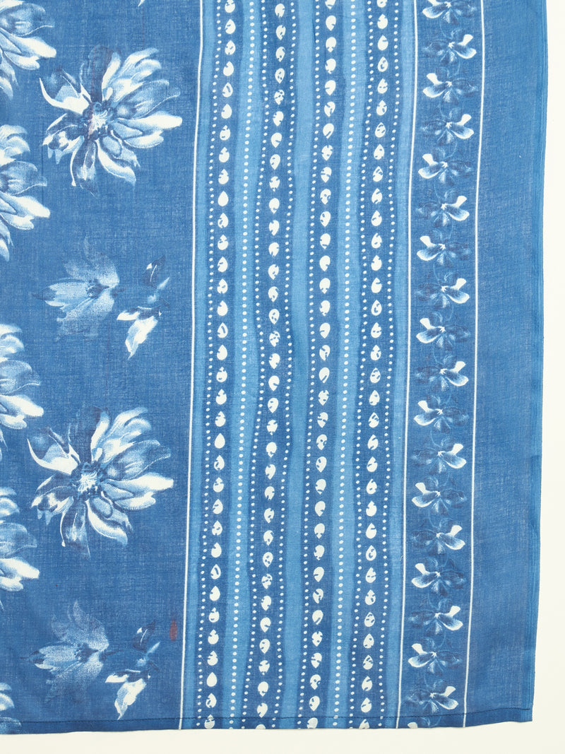 Stylum Women's Blue Floral Printed Cotton Blend Straight Kurta Pant Dupatta Set (KPDBLUEPHUGLI)
