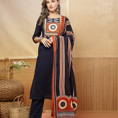 Stylum Women's Blue Solid Cotton Straight Kurta Pant Dupatta Set (KPDBLUERAWAL)