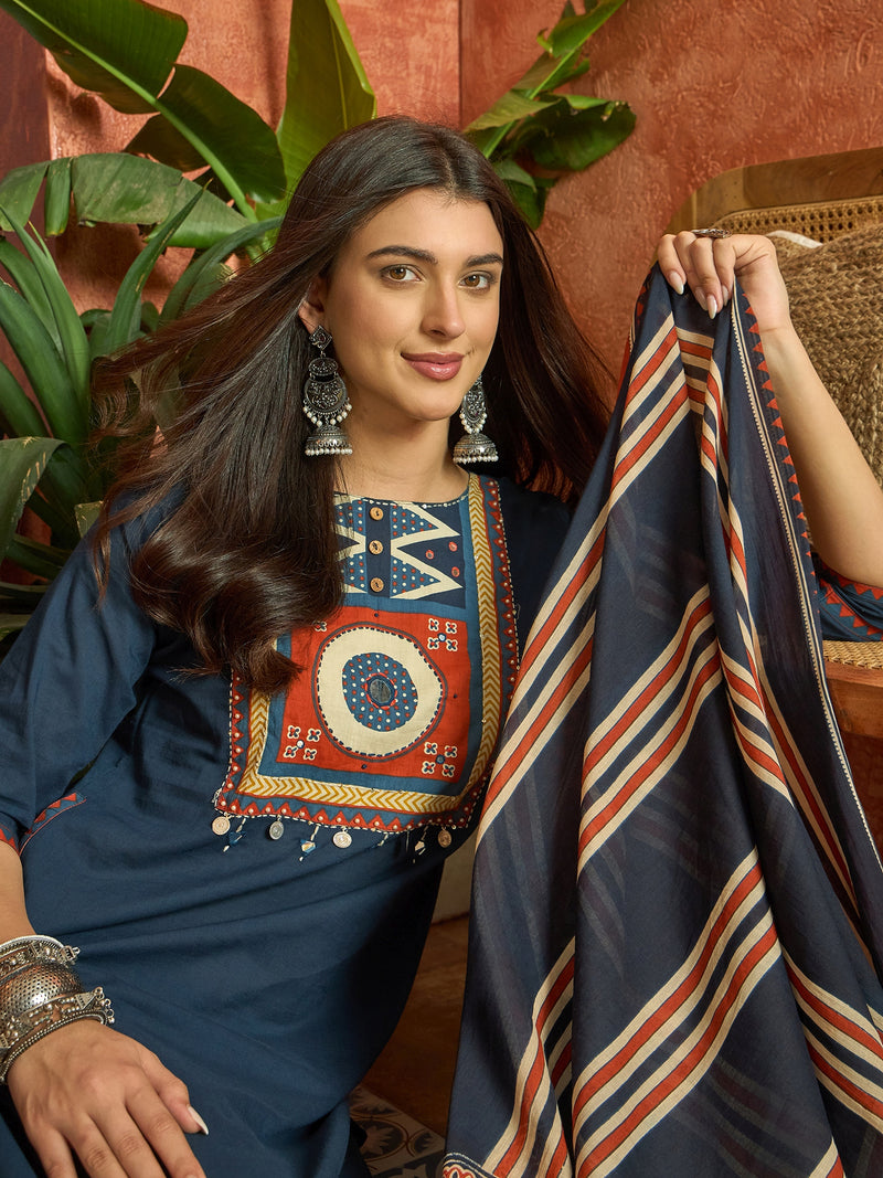 Stylum Women's Blue Solid Cotton Straight Kurta Pant Dupatta Set (KPDBLUERAWAL)