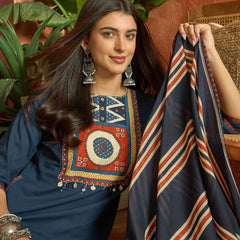 Stylum Women's Blue Solid Cotton Straight Kurta Pant Dupatta Set (KPDBLUERAWAL)