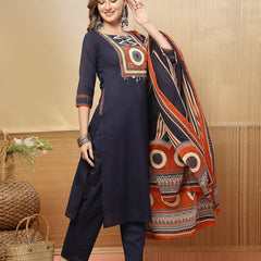 Stylum Women's Blue Solid Cotton Straight Kurta Pant Dupatta Set (KPDBLUERAWAL)