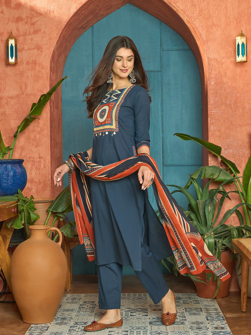 Stylum Women's Blue Solid Cotton Straight Kurta Pant Dupatta Set (KPDBLUERAWAL)