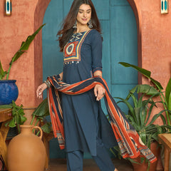 Stylum Women's Blue Solid Cotton Straight Kurta Pant Dupatta Set (KPDBLUERAWAL)