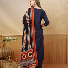 Stylum Women's Blue Solid Cotton Straight Kurta Pant Dupatta Set (KPDBLUERAWAL)