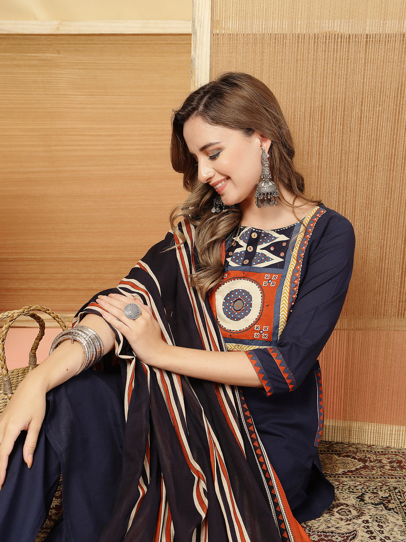 Stylum Women's Blue Solid Cotton Straight Kurta Pant Dupatta Set (KPDBLUERAWAL)