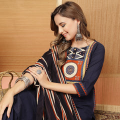 Stylum Women's Blue Solid Cotton Straight Kurta Pant Dupatta Set (KPDBLUERAWAL)