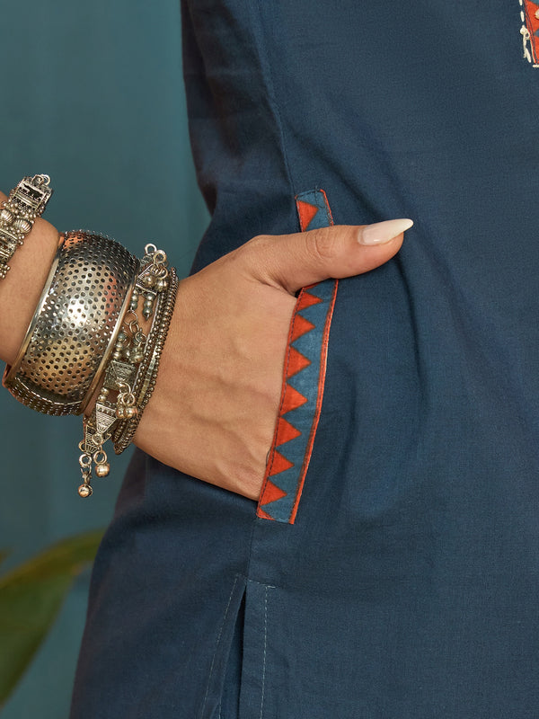 Stylum Women's Blue Solid Cotton Straight Kurta Pant Dupatta Set (KPDBLUERAWAL)