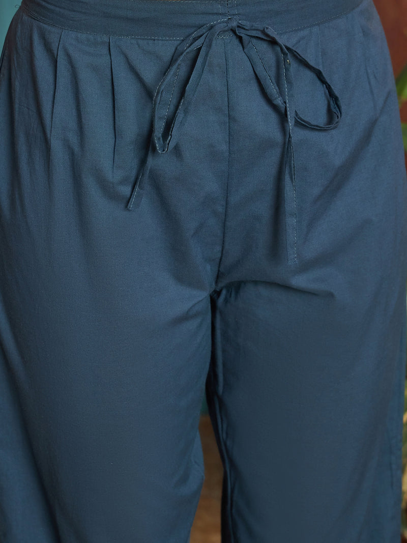 Stylum Women's Blue Solid Cotton Straight Kurta Pant Dupatta Set (KPDBLUERAWAL)