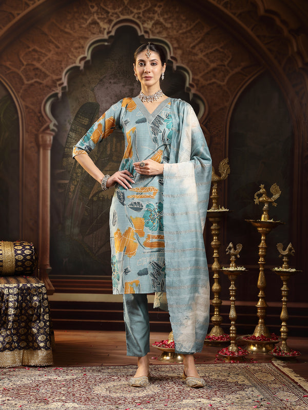 Stylum Women's Blue Floral Printed Silk Blend Straight Kurta Pant Dupatta Set (KPDBLUESEHAR)