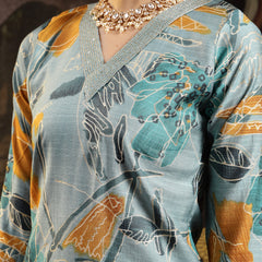 Stylum Women's Blue Floral Printed Silk Blend Straight Kurta Pant Dupatta Set (KPDBLUESEHAR)