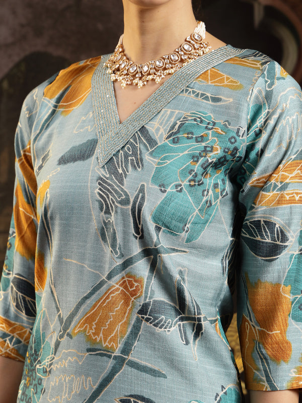 Stylum Women's Blue Floral Printed Silk Blend Straight Kurta Pant Dupatta Set (KPDBLUESEHAR)