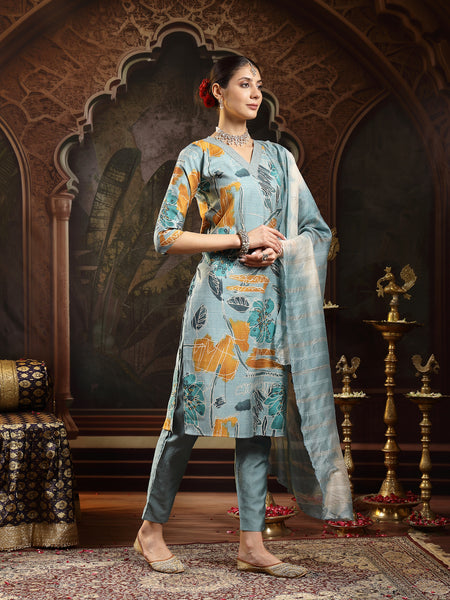 Stylum Women's Blue Floral Printed Silk Blend Straight Kurta Pant Dupatta Set (KPDBLUESEHAR)