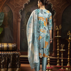 Stylum Women's Blue Floral Printed Silk Blend Straight Kurta Pant Dupatta Set (KPDBLUESEHAR)