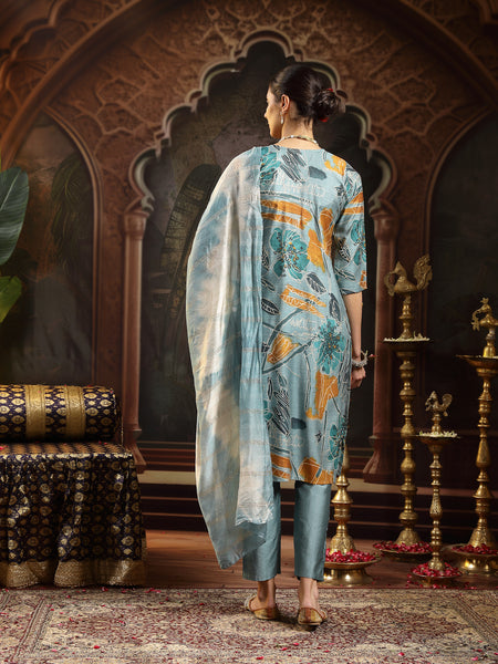 Stylum Women's Blue Floral Printed Silk Blend Straight Kurta Pant Dupatta Set (KPDBLUESEHAR)