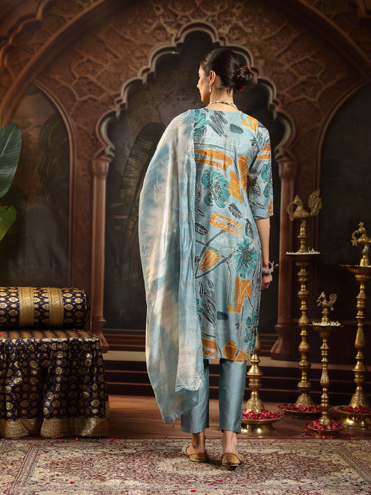 Stylum Women's Blue Floral Printed Silk Blend Straight Kurta Pant Dupatta Set (KPDBLUESEHAR)