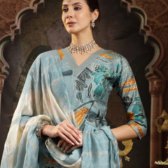 Stylum Women's Blue Floral Printed Silk Blend Straight Kurta Pant Dupatta Set (KPDBLUESEHAR)