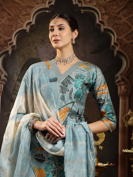 Stylum Women's Blue Floral Printed Silk Blend Straight Kurta Pant Dupatta Set (KPDBLUESEHAR)