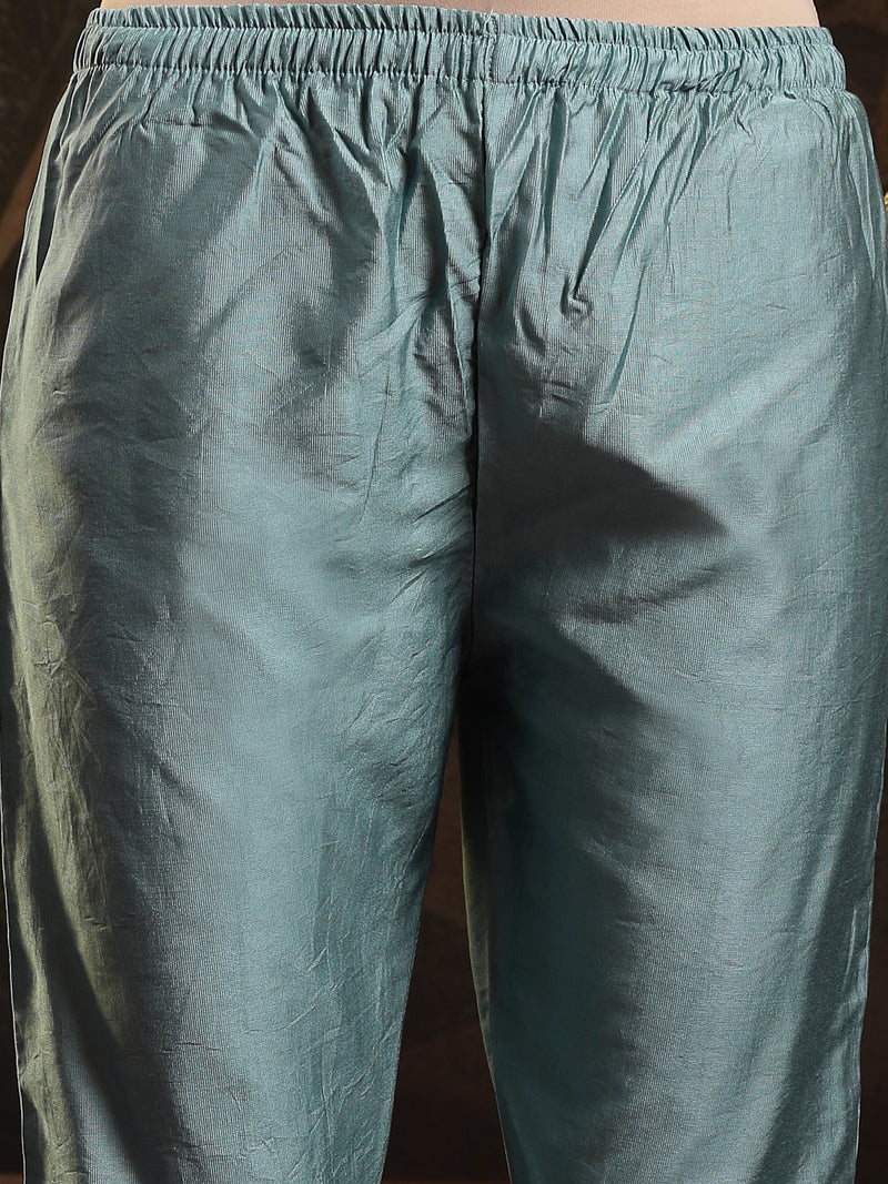 Stylum Women's Blue Floral Printed Silk Blend Straight Kurta Pant Dupatta Set (KPDBLUESEHAR)