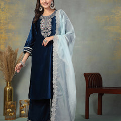 Stylum Women's Blue Solid & Embroidered Velvet Straight Kurta Pant Dupatta Set (KPDBLUESIMAR)