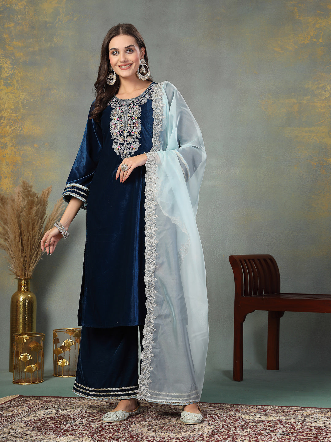 Stylum Women's Blue Solid & Embroidered Velvet Straight Kurta Pant Dupatta Set (KPDBLUESIMAR)