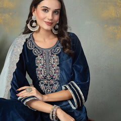 Stylum Women's Blue Solid & Embroidered Velvet Straight Kurta Pant Dupatta Set (KPDBLUESIMAR)