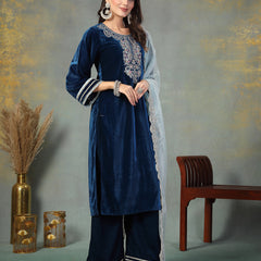 Stylum Women's Blue Solid & Embroidered Velvet Straight Kurta Pant Dupatta Set (KPDBLUESIMAR)