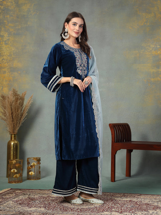 Stylum Women's Blue Solid & Embroidered Velvet Straight Kurta Pant Dupatta Set (KPDBLUESIMAR)