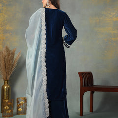 Stylum Women's Blue Solid & Embroidered Velvet Straight Kurta Pant Dupatta Set (KPDBLUESIMAR)