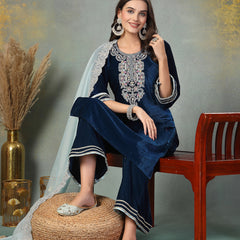 Stylum Women's Blue Solid & Embroidered Velvet Straight Kurta Pant Dupatta Set (KPDBLUESIMAR)