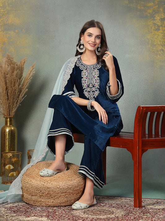 Stylum Women's Blue Solid & Embroidered Velvet Straight Kurta Pant Dupatta Set (KPDBLUESIMAR)