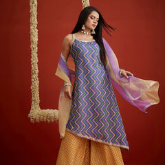 Stylum Women's Blue Chevron Printed Pure Cotton Asymmetric Kurta Palazzo Dupatta Set (KPDBLUESPARROW)