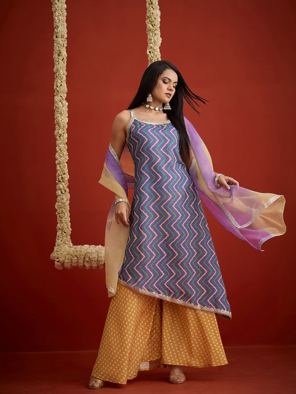 Stylum Women's Blue Chevron Printed Pure Cotton Asymmetric Kurta Palazzo Dupatta Set (KPDBLUESPARROW)