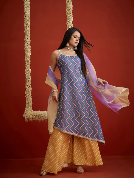 Stylum Women's Blue Chevron Printed Cotton Asymmetric Kurta Palazzo Dupatta Set (KPDBLUESPARROW)