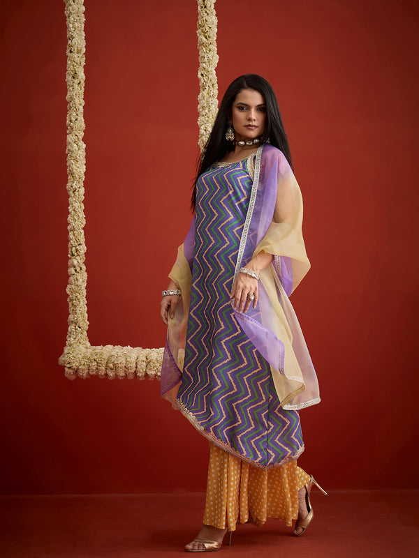 Stylum Women's Blue Chevron Printed Pure Cotton Asymmetric Kurta Palazzo Dupatta Set (KPDBLUESPARROW)