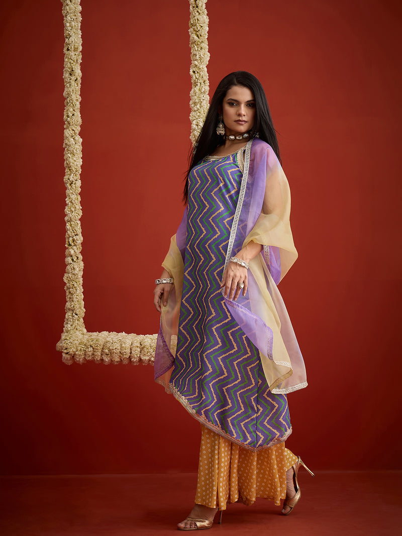Stylum Women's Blue Chevron Printed Cotton Asymmetric Kurta Palazzo Dupatta Set (KPDBLUESPARROW)
