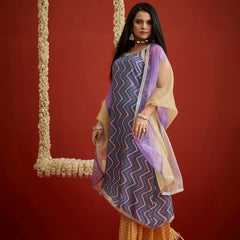 Stylum Women's Blue Chevron Printed Cotton Asymmetric Kurta Palazzo Dupatta Set (KPDBLUESPARROW)