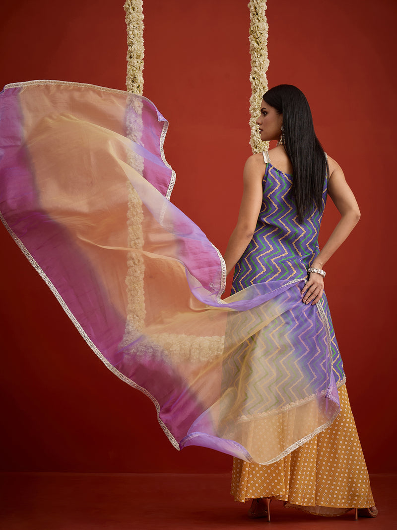 Stylum Women's Blue Chevron Printed Cotton Asymmetric Kurta Palazzo Dupatta Set (KPDBLUESPARROW)