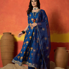 Stylum Women's Blue Floral Printed Rayon Anarkali Kurta Pant Dupatta Set (KPDBLUESPROUT)