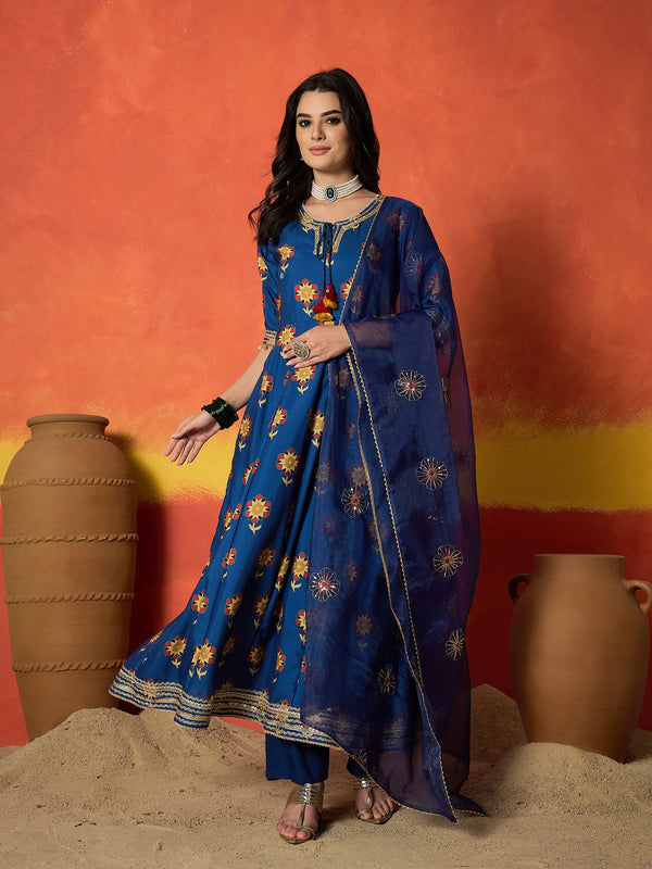 Stylum Women's Blue Floral Printed Rayon Anarkali Kurta Pant Dupatta Set (KPDBLUESPROUT)
