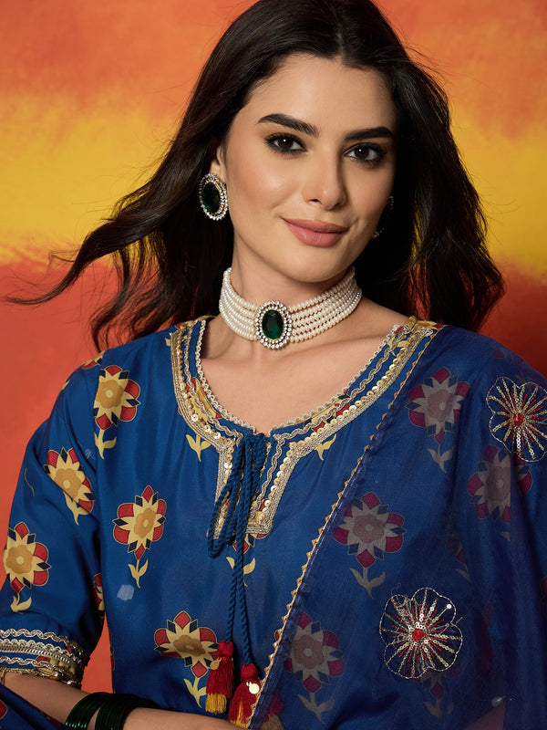Stylum Women's Blue Floral Printed Rayon Anarkali Kurta Pant Dupatta Set (KPDBLUESPROUT)