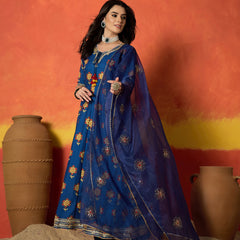 Stylum Women's Blue Floral Printed Rayon Anarkali Kurta Pant Dupatta Set (KPDBLUESPROUT)
