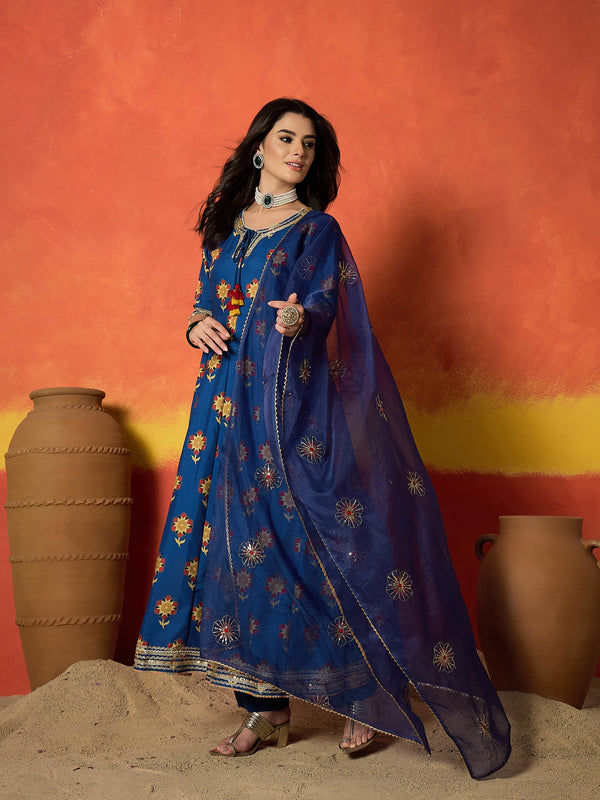 Stylum Women's Blue Floral Printed Rayon Anarkali Kurta Pant Dupatta Set (KPDBLUESPROUT)