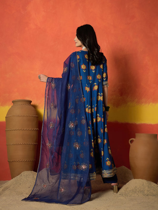 Stylum Women's Blue Floral Printed Rayon Anarkali Kurta Pant Dupatta Set (KPDBLUESPROUT)